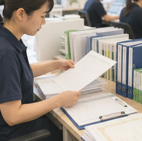 書類を確認するスタッフ