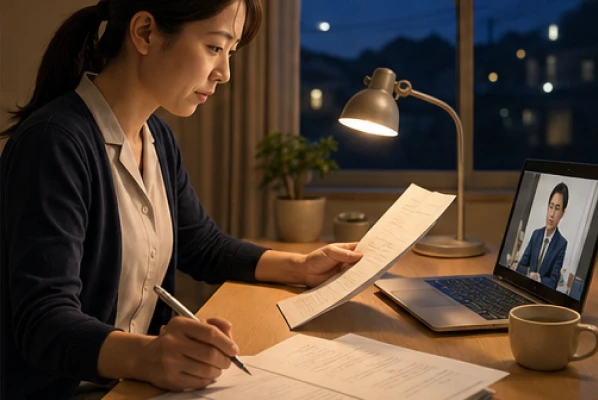 夜間に書類を確認する様子